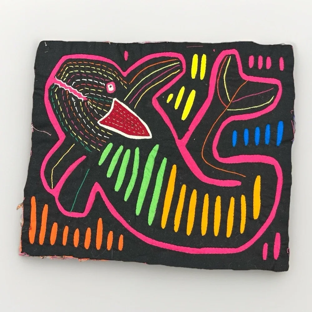 VTG Kuna Mola Hand Sewn Art Textile Fabric Folk Fabric Whale Fish Quilt Block‎